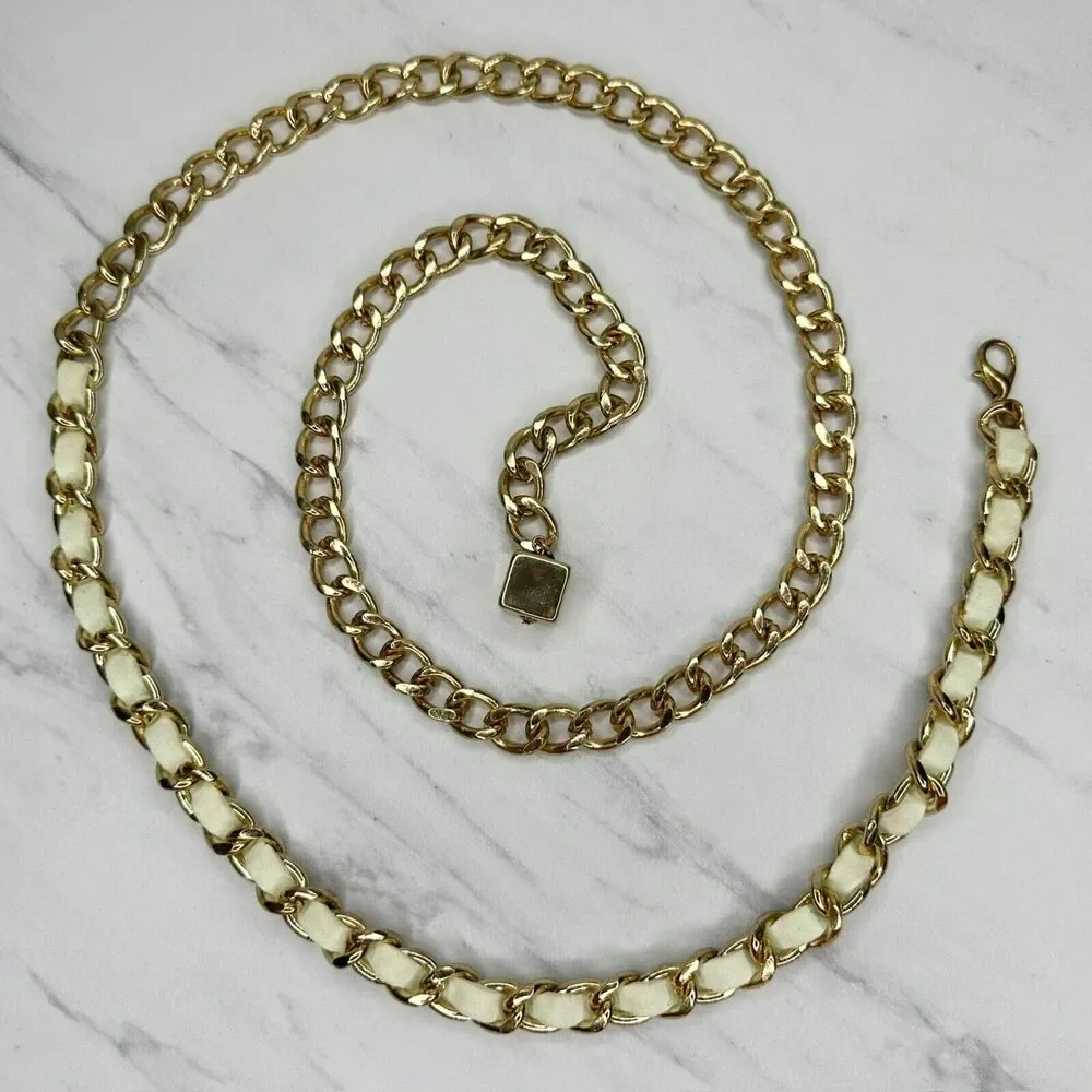 Cream Woven Gold Tone Metal Chain Link Belt One Size ✨